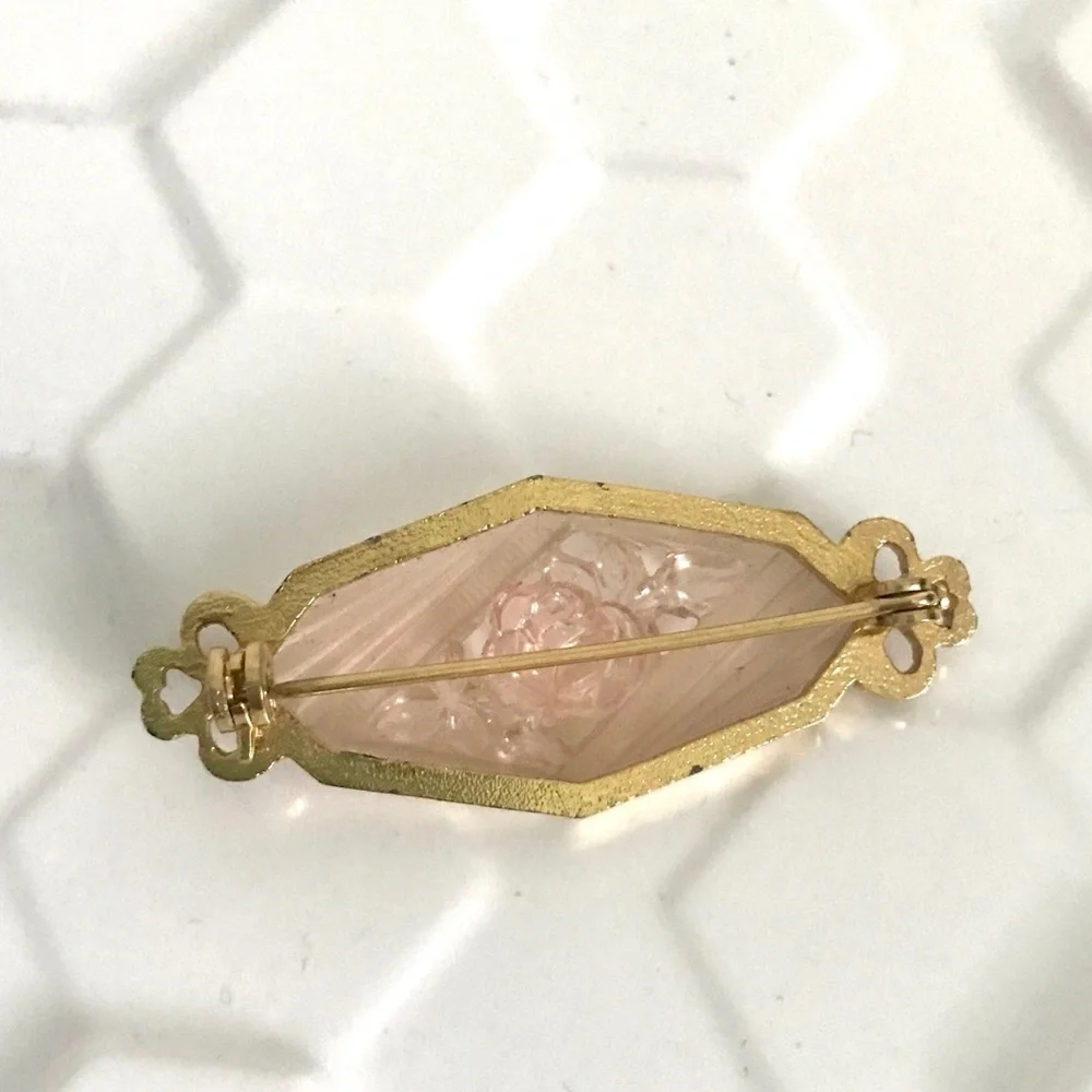 Vintage blush rose etched glass filigree brooch